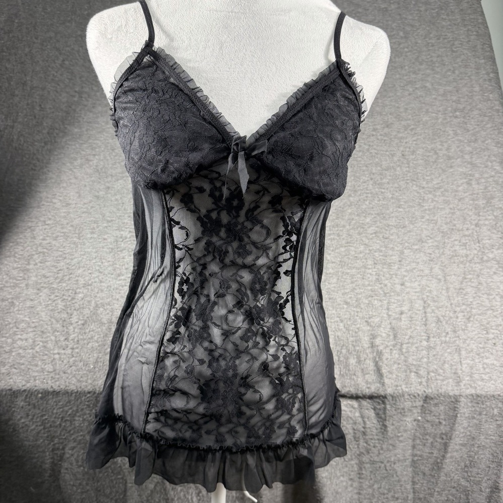 Women Babydoll Camisole Black Sheer Ruffle Lace Whimsygoth Dark Romantic Size M